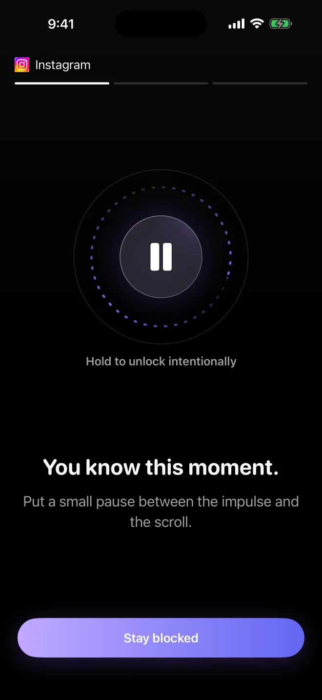 Unwhim pausing before Instagram opens, with choices to stay blocked or unlock intentionally